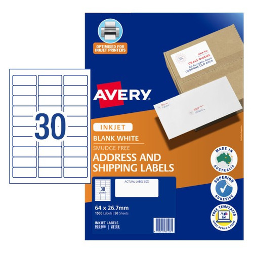 Avery InkjetLabel J8158 30UP Pack of 50 - Quick Peel Address Labels with Sure Feed 64 x 26.7 mm, Inkjet, Permanent