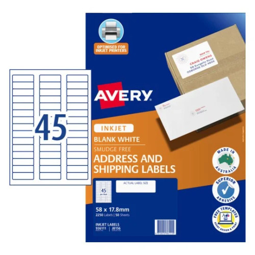 Avery InkjetLabel J8156 45UP Pack of 50 - Quick Peel Address Labels with Sure Feed 58 x 17.8 mm, Inkjet, Permanent