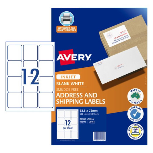 Avery InkjetLabel J8164 12UP Pack of 50 - Quick Peel Address Labels with Sure Feed 63.5 x 72 mm, Inkjet, Permanent