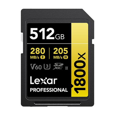 Lexar Professional 1800x 512G SDXC UHS-II Card GOLD Series 512GB—C10,  UHS-II(U3), V60, 1800x, up to 280MB/s read, 205MB/s write