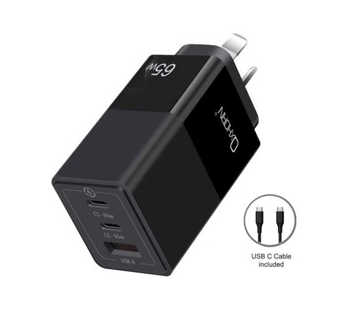Oxhorn 65W GaN Type C fast Charger 3 Port 2xUSB-C 1xUSB-A PD3.0 QC4.0 PPS AUS Approved C-tick Black with cable Oxhorn 65W GaN Type C fast Charger 3 Port 2xUSB-C 1xUSB-A PD3.0 QC4.0 PPS AUS Approved C-tick Black with cable