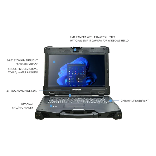 DURABOOK Z14I, 14' FHD, Intel® Core™ Ultra 5 125U, Windows 11, 16GB RAM, 512GB PCIe SSD,Wi-Fi 7, Bluetooth v5.4, 2MP Front Camera, Multi-Carrier 4G LT