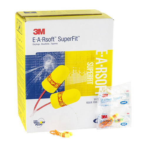 3M  E-A-Rsoft  SuperFit  Earplugs 311-1254, Corded, Poly Bag, Regular Size, 2000 Pair/Case