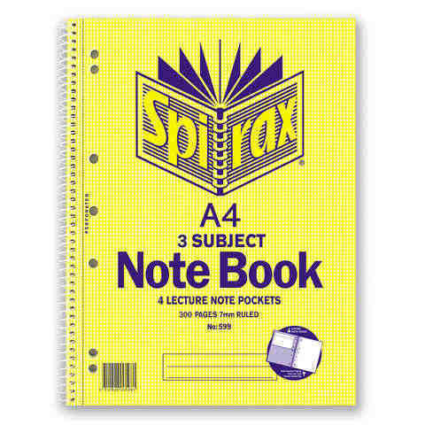 Spirax 599 A4 Notebook 3 Subject 300 pages 7mm ruled with 4 Lecture Note Pockets Punched then Peforated Pack 5