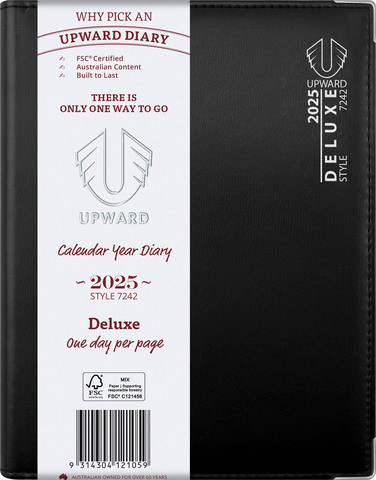Diary Upward Deluxe Day to a Page DTP WireO Monthly Tabs Black PU Cover 7242 Y2026