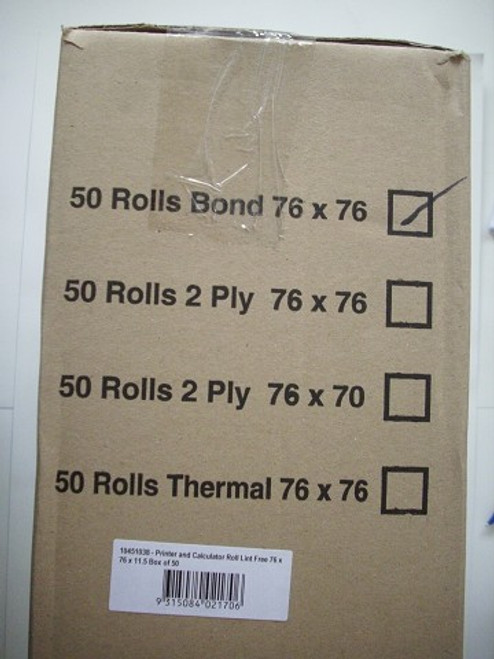 Printer and Calculator Roll Lint Free 76x76x11.5mm Box of 50
