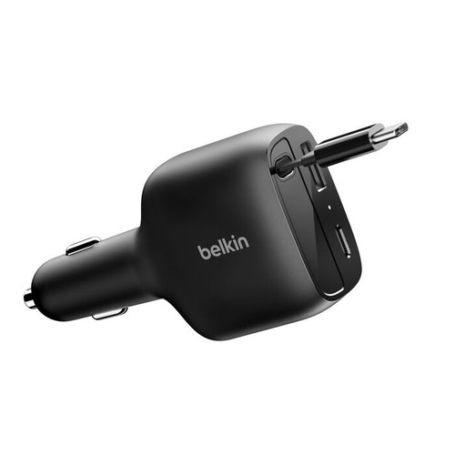 Belkin BoostCharge Retractable Car Charger 75W - Black, Fast Charge, universal, retractable cable, USB-C/USB-A Port, Sleek & Compact, 2-Year Warranty