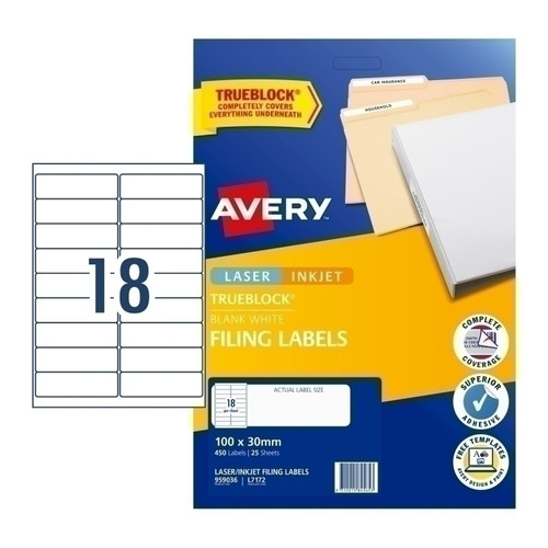 Avery Label L7172 18UP Pack of 25 Box of 5 (100 x 30 mm)