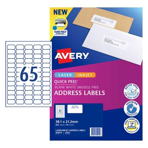 Avery Label Address Quick Peel L7651 38.1 x 21.2 65 Up Pack 40