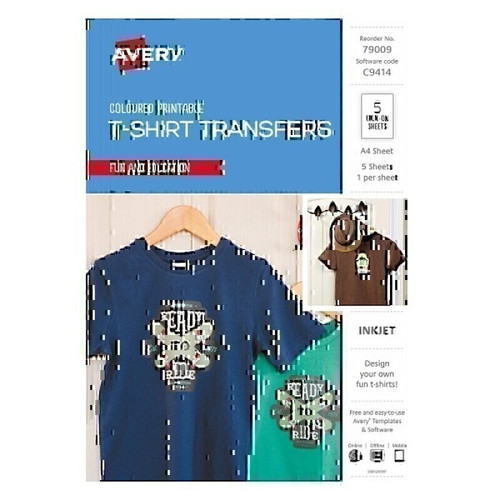 Avery Dark Coloured T-Shirt Transfer for Inkjet Printers, 210 x 297 mm, 5 Transfers (79009 / C9414)