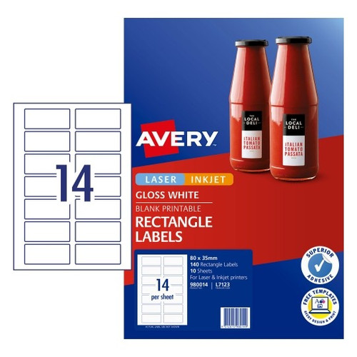 Avery Label Rectangle Gloss L7123 80 x 35mm 14 Up Pack10
