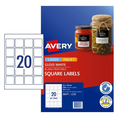 Avery Label Gloss Square L7124 45 x 45mm 20 Up Pack 10
