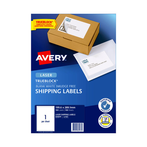 Avery Shipping Labels with Trueblock® for Laser Printers, 199.6 x 289.1 mm, 100 Labels (959009 / L7167)