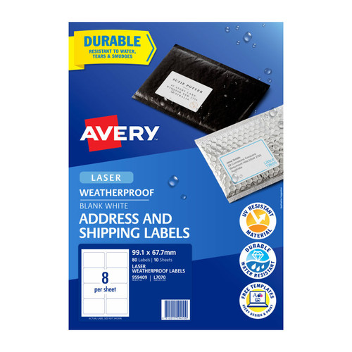 Avery Laser Label Weatherprf L7070 99.1 x 67.7 8 Up Pack 10