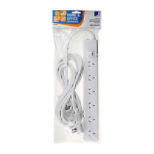 Jackson 6 Outlet Surge Protected Powerboard with Master Switch - 5m Lead / White