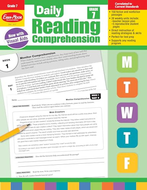 Evan-Moor Daily Reading Comprehension, Grade 7 - Homeschooling & Classroom Resource Workbook, Reproducible Worksheets, Teaching Edition, Fiction and Nonfiction, Lesson Plans, Test Prep
