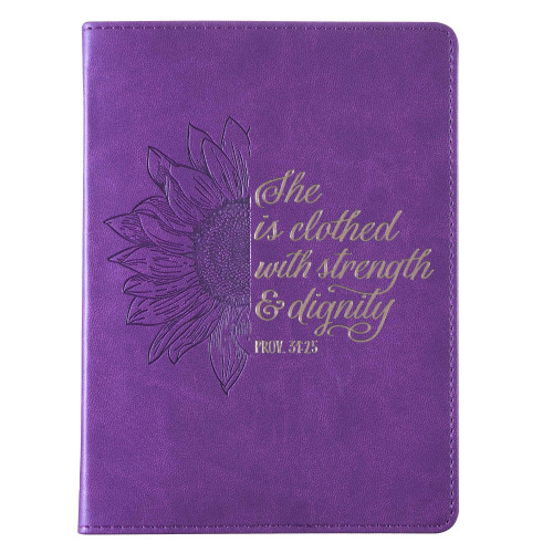 Christian Art Gifts Purple Vegan Leather Small Journal Inspirational Scripture Women's Sunflower Notebook Strength & Dignity Bible Verse Proverbs 31:25, 240 Ruled Pages, Ribbon 5.7" x 7"