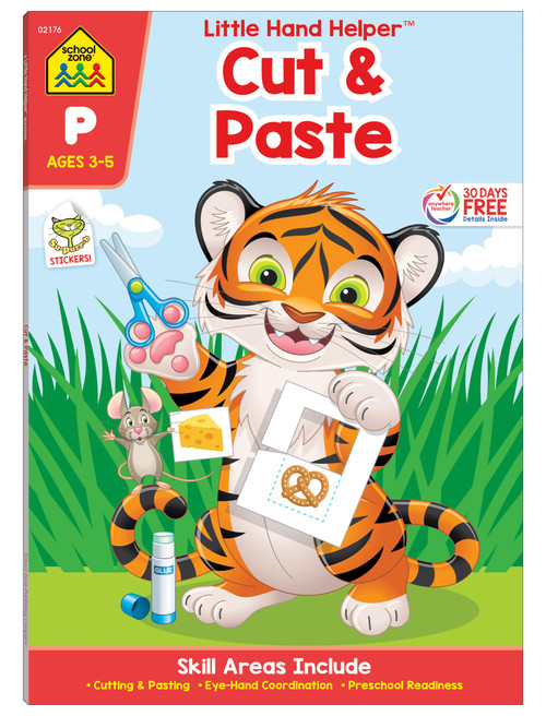 School Zone Cut & Paste Skills Workbook: Little Hands Helper Book Series for Ages 3-5, Preschool, Kindergarten, Scissor Cutting, Glue, Stickers, Counting, Puzzles, and More