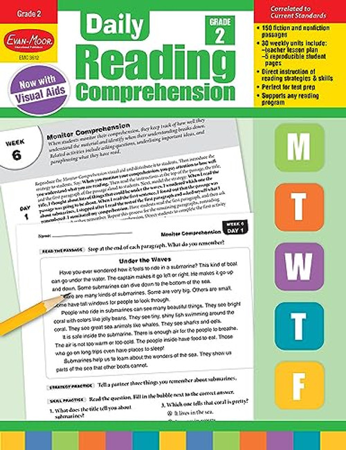 Evan-Moor Daily Reading Comprehension, Grade 2 - Homeschooling & Classroom Resource Workbook, Reproducible Worksheets, Teaching Edition, Fiction and Nonfiction, Lesson Plans, Test Prep