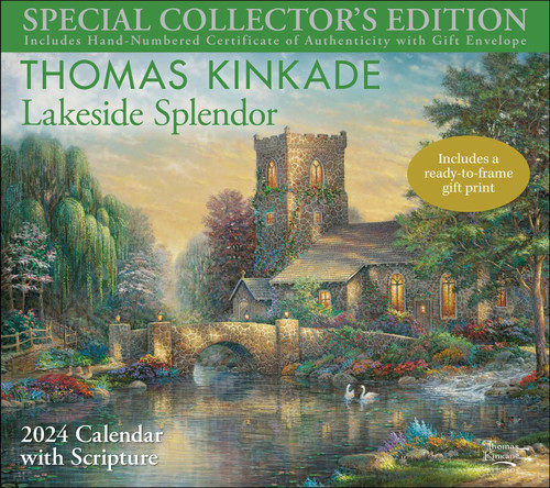 Thomas Kinkade Special Collector's Edition with Scripture 2024 Deluxe Wall Calendar with Print: Lakeside Splendor Calendar