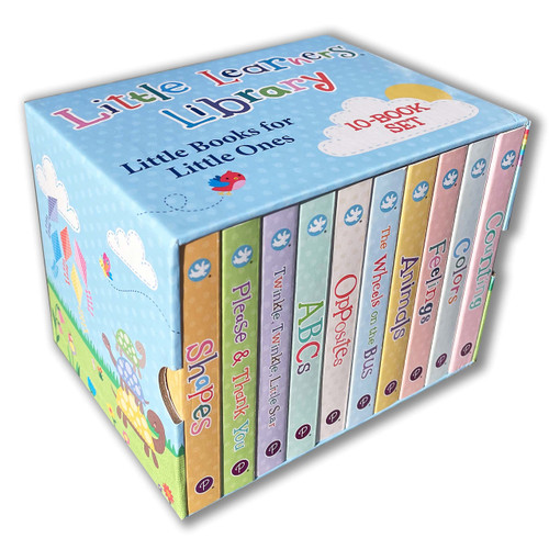 Little Learners 10 Board Book Library Set Includes Counting, Colors, Feelings, Animals, The Wheels on the Bus, Opposites, ABCs, Twinkle Twinkle Little Star, Please & Thank You, and Shapes