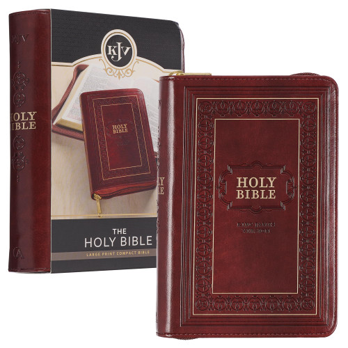 KJV Holy Bible, Compact Large Print Faux Leather Red Letter Edition - Ribbon Marker, King James Version, Burgundy, Zipper Closure