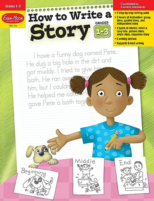 Evan-Moor How to Write a Story, Grades 1-3 Homeschool & Classroom Workbook, Printables, Develop Confident & Competent Storywriters, Learn Parts of a ... for 6 Genres (Writing Skills Essentials)