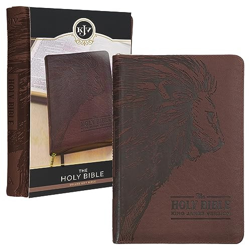 KJV Holy Bible, Standard Size Faux Leather Red Letter Edition Thumb Index, Ribbon Marker, King James Version, Brown Lion Zipper Closure