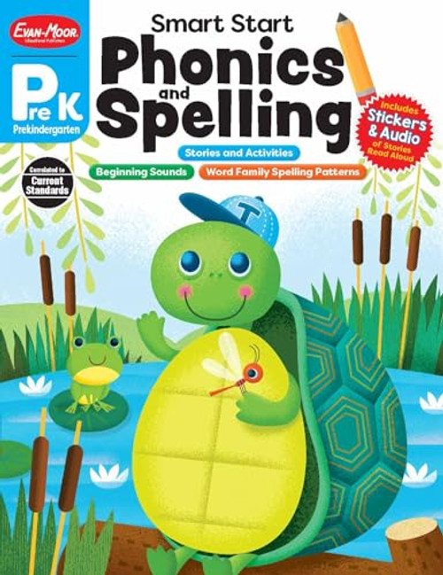 Evan-Moors Smart Start Phonics and Spelling Workbook for Preschool, Beginning Reading, Spelling patterns, Learn to Read, Homeschool, Word families, Stickers, Print Copy, Audio stories