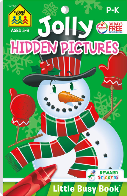 School Zone - Jolly Hidden Pictures Workbook - Ages 3 to 6, Preschool, Kindergarten, Holiday, Christmas, Picture Puzzles, Search & Find, Stickers, and More (Jolly Workbooks Little Busy Book)