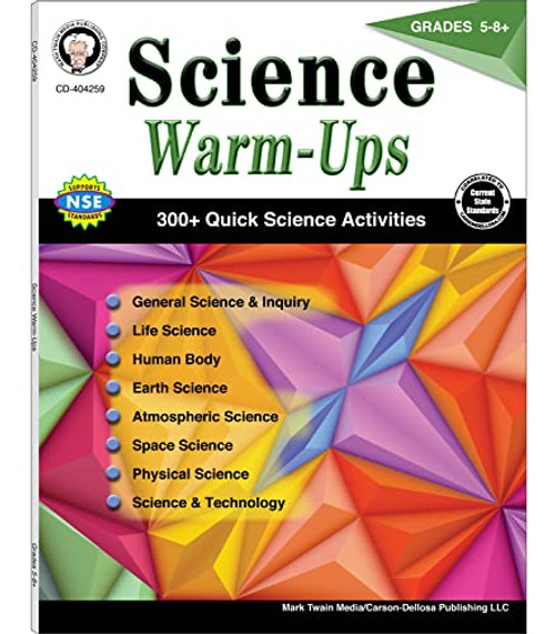 Mark Twain Science Warm-Ups Science Activity Book Grades 5-8+, Science & Technology, Life, Space, Physical, and Earth Science, 5th Grade Workbooks and Up, Classroom or Homeschool Curriculum