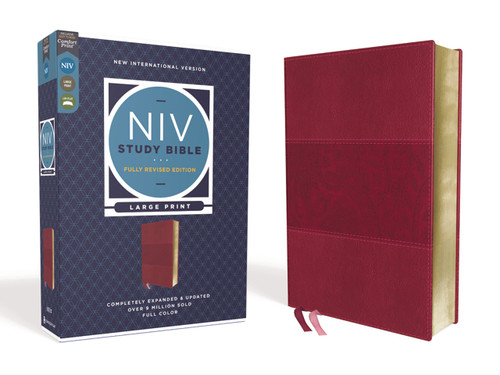 NIV Study Bible, Fully Revised Edition (Study Deeply. Believe Wholeheartedly.), Large Print, Leathersoft, Burgundy, Red Letter, Comfort Print