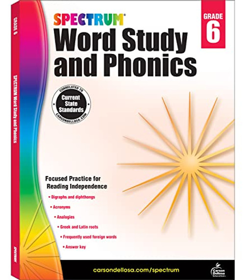 Spectrum 6th Grade Word Study and Phonics Workbook, Ages 11 to 12, Grade 6 Phonics and Word Study, Root Words, Analogies, Acronyms, Diagraphs, Vocabulary Builder, and Dictionary Skills - 168 Pages