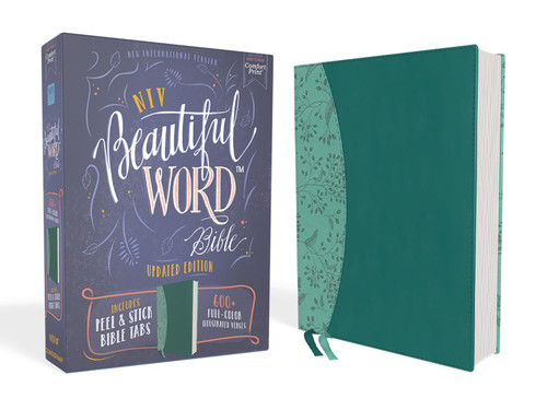 NIV, Beautiful Word Bible, Updated Edition, Peel/Stick Bible Tabs, Leathersoft, Teal, Red Letter, Comfort Print: 600+ Full-Color Illustrated Verses