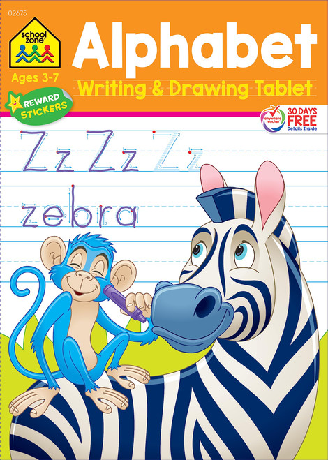 School Zone - Alphabet Writing & Drawing Tablet Workbook - 96 Pages, Ages 3 to 7, Preschool, Kindergarten, 1st Grade, Ruled Lined Paper, Letters, Tracing, Stickers, and More (Easy-Tear Top Bound Pad)