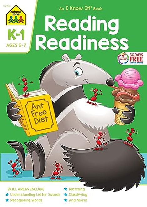 School Zone - Reading Readiness Workbook - 64 Pages, Ages 5 to 7, Kindergarten to 1st Grade, Story Order, Letter Sounds, Matching, and More (School Zone I Know It! Workbook Series)