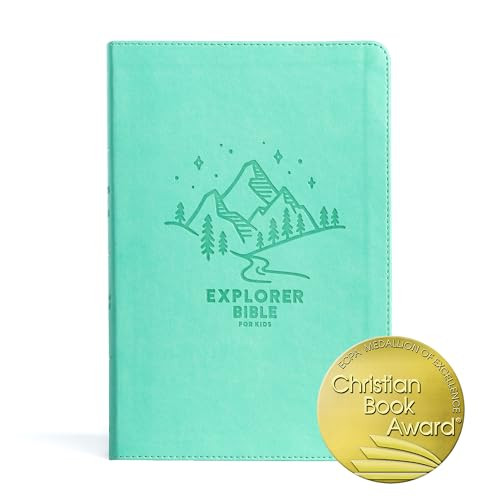 CSB Explorer Bible for Kids, Light Teal Mountains LeatherTouch, Red Letter, Full-Color Design, Photos, Illustrations, Charts, Videos, Activities, Easy-to-Read Bible Serif Type