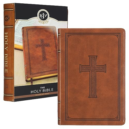 KJV Holy Bible, Standard Size Faux Leather Red Letter Edition Thumb Index, Ribbon Marker, King James Version, Honey Brown Cross Emblem