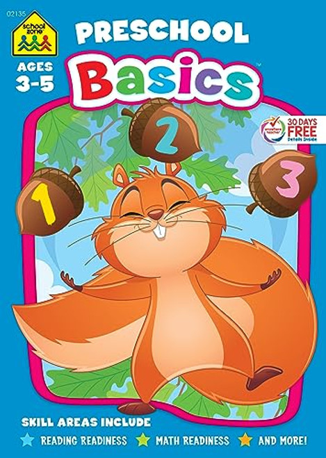 School Zone - Preschool Basics Workbook - 32 Pages, Ages 3 to 5, Preschool to Kindergarten, School Readiness, Opposites, Beginning Sounds, Counting, and More (School Zone Basics Workbook Series)