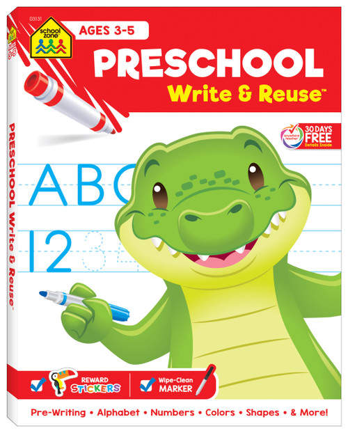 School Zone Write & Reuse Workbook for Preschool: Reusable Wipe-Clean Spiral Bound Learn and Practice Writing Book, Dry Erase Marker, ABCs, Shapes, and More