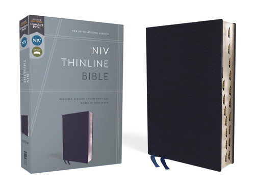 NIV, Thinline Bible, Bonded Leather, Navy, Red Letter, Thumb Indexed, Comfort Print