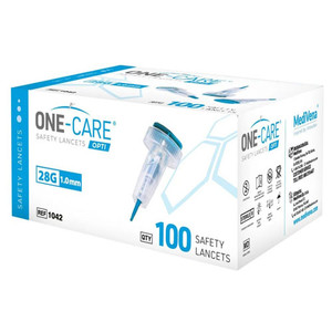BLOOD LANCETS SAFETY PUSH BUTTON ST 28GA 1.0MM DEPTH MINI FLOW ONE CARE PRO (100/BX 20BX/CS) [600-L100-1.5-CTN]