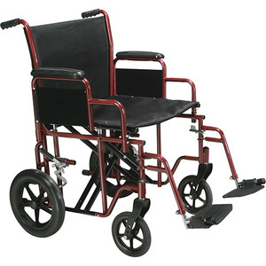 TRANSPORT CHAIR 22IN W/FOOTRESTS BLACK UPHOLSTERY RED STEEL FRAME 12IN REAR WHEELS 450LB CAP BARIATRIC (EA) [482-BTR22-R]
