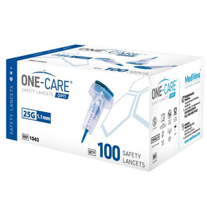 BLOOD LANCETS SAFETY PUSH BUTTON ST 25GA 1.1MM DEPTH LOW FLOW ONE CARE PRO (100/BX 20BX/CS) [600-L100-1.4]