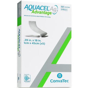 DRESSINGS HYDROFIBER ANTIMICROBIAL W/SILVER RIBBON NON-ADH LF ST .39IN X 18IN AQUACEL AG ADVANTAGE (5/BX 20BX/CS) [CVT4223-01-EA]