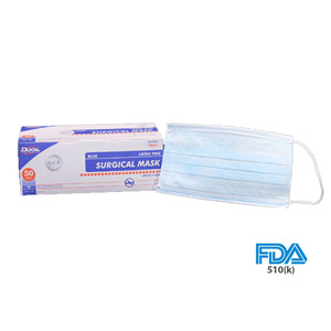 MASKS SURGICAL PLEATED W/EARLOOPS DISP FDA 510k / ASTM LEVEL 1 STANDARDS FLUID RESISTANT 3PLY BLUE DUKAL (50/BX 6BX/CS) [060-1541]