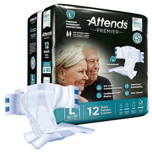 BRIEFS DIAPERS ADULT HVY ABS DISP LF 44-58IN LG WHITE ATTENDS PREMIER BRIEFS (12/PK 4PK/CS) [338-ALI-BR30]