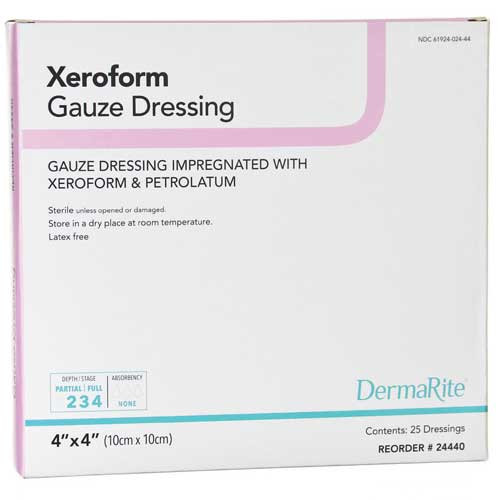 DRESSINGS IMPREGNATED PETROLEUM GAUZE NON-ADH LF ST 4IN X 4IN PATCH XEROFORM (25/BX 6BX/CS) [500-6222-X44]