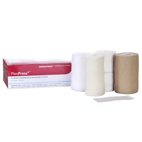 BANDAGES COMPRESSION SYSTEM 4-LAYER LF PAD/CREPE/COMP/COHESIVE (8KIT/CS) [500-644P]