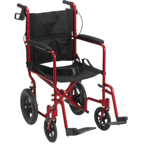 TRANSPORT CHAIR 19IN W/FOOTRESTS BLACK UPHOLSTERY RED ALUM FRAME 12IN REAR WHEELS 300LB CAP EXPEDITION (1EA/CS) [482-EXP19LTRD]